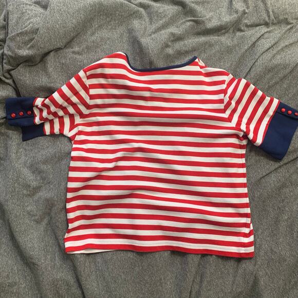 Nautical Red Striped Breckenridge V Neck T Shirt Navy Blue Trim Patches MEDIUM - Picture 3 of 11